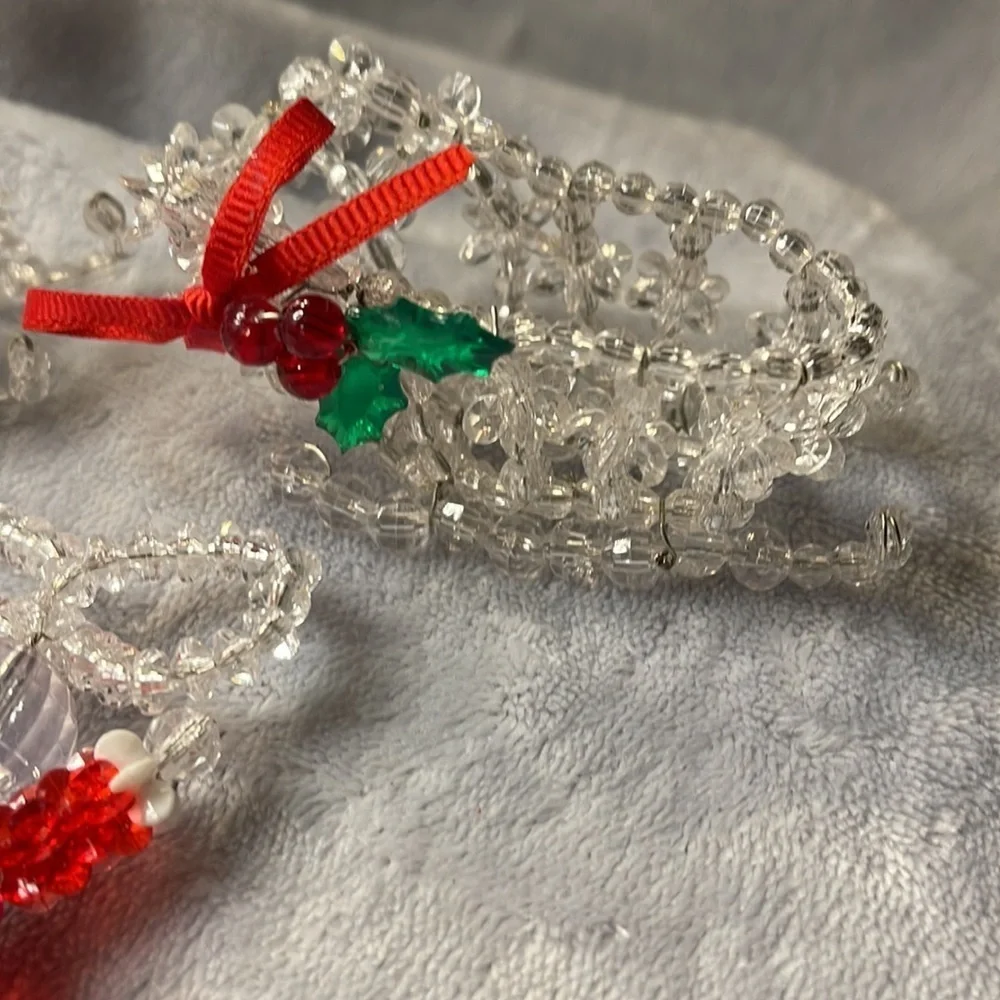 Vintage Beaded Mouse and Two Sleighs Red/Green/ Sparkle w/Holly Accents